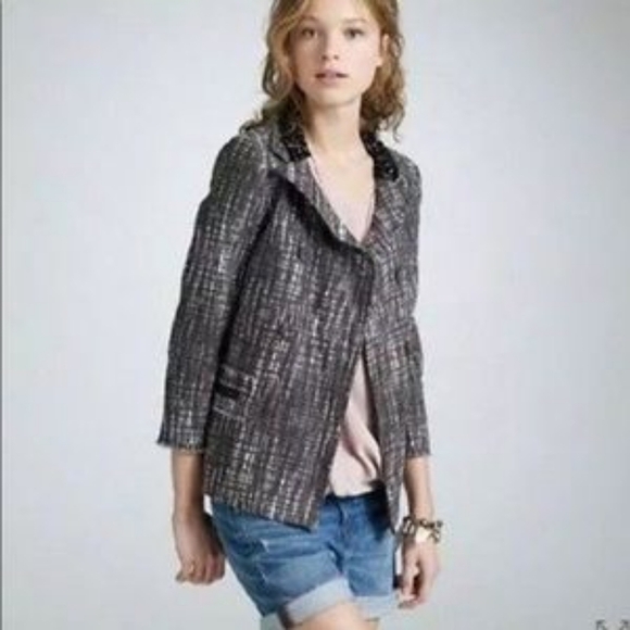 J Crew Size 0 Contessa Tweed Raw Hem Jeweled Suit Jacket Blazer - Picture 2 of 8
